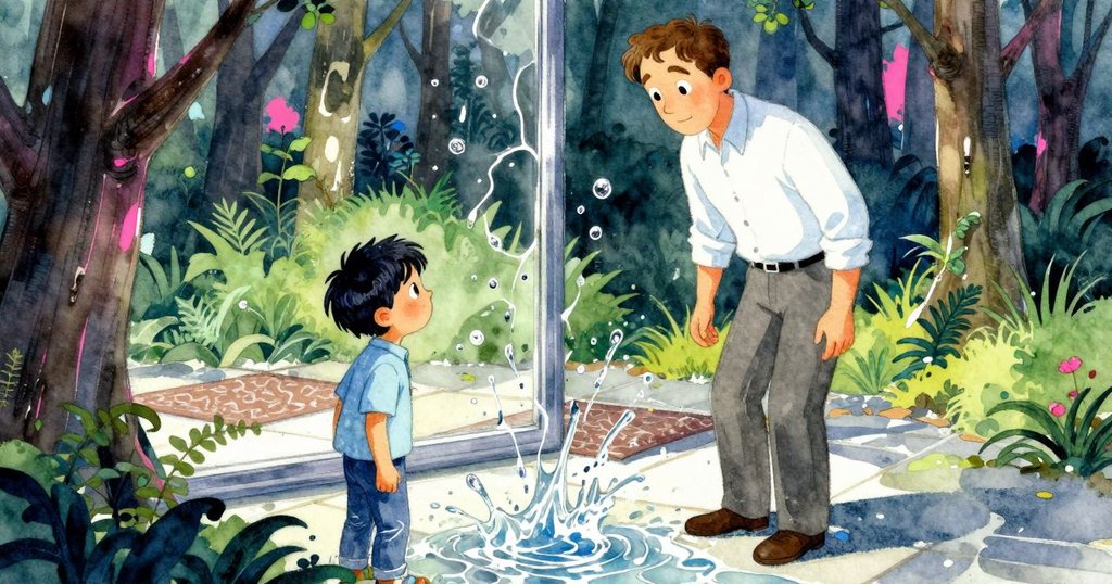 約克透過玻璃窗觀察水流溢出落在瓷磚及地毯上，表情專注，室內光線柔和