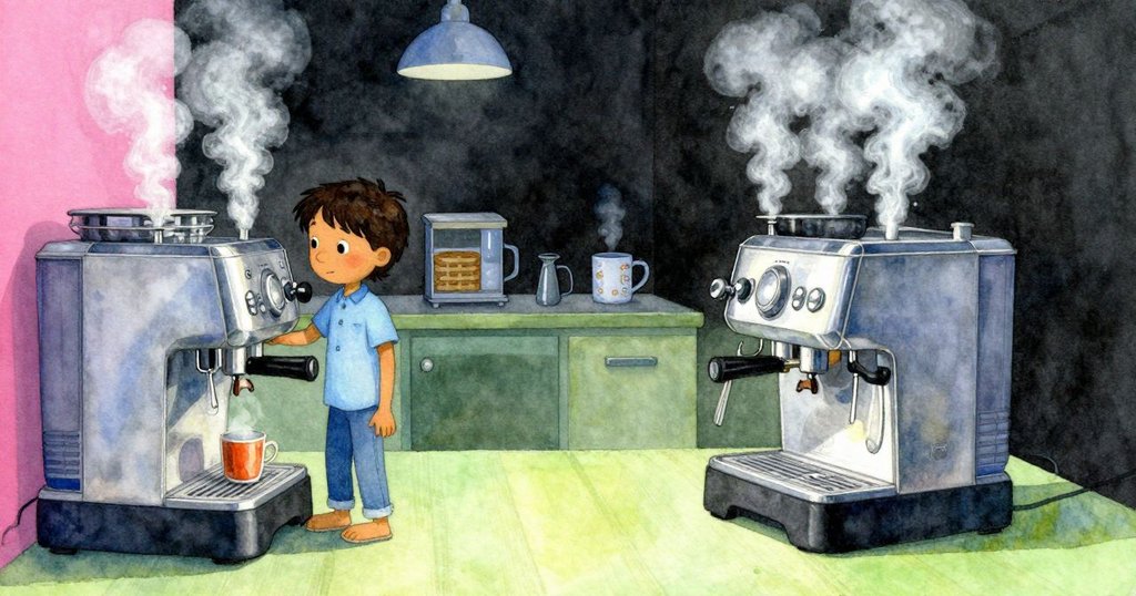 約克注視著冒煙上升的咖啡機，九縷蒸氣緩緩浮起，表情充滿期待與安寧