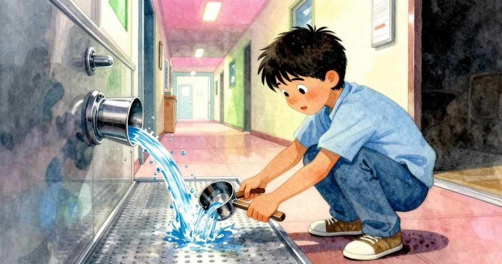 約克蹲下迅速移除咖啡濾杯中的一勺，水流動感強烈，室內動態場景活躍