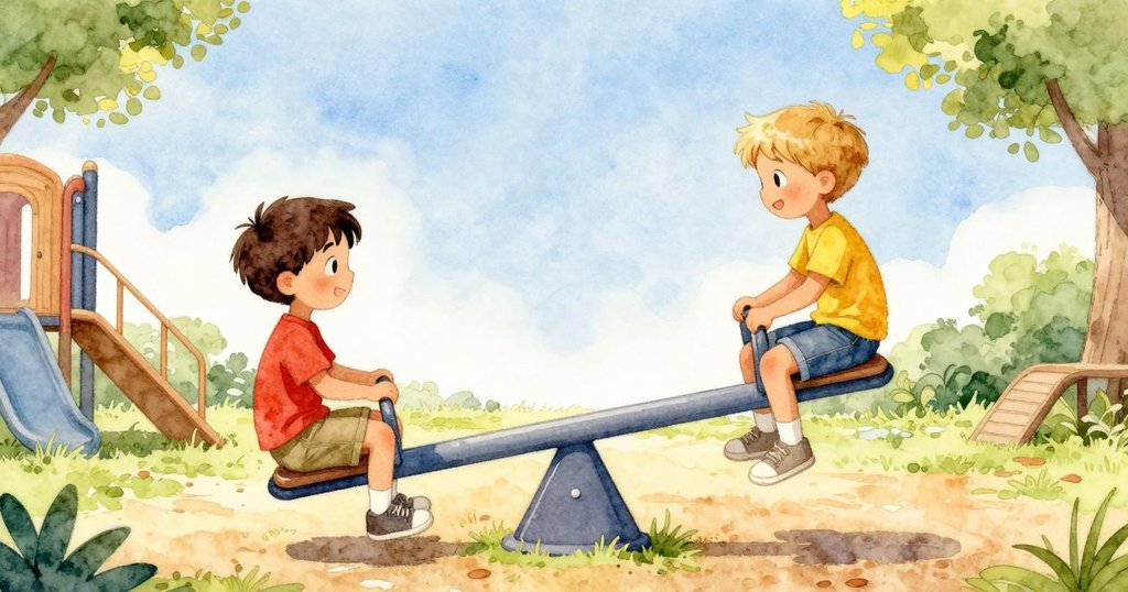 Pierce和Niall在陽光下的遊樂場上坐在鞦韆上，輪廓分明，展現期待與快樂情緒，充滿溫暖的夏日氛圍。