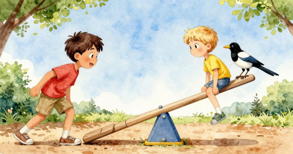 畫面以扭曲視角呈現搖晃中的鞦韆板，一隻喜鵲在著陸區跳動，表現出動態與均衡變化的情景。