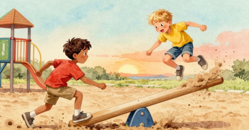 動作定格瞬間, Pierce鬆開握把導致鞦韆劇烈震動, 沙粒飛揚, Niall驚訝滑動，捕捉出充滿驚奇與活力的畫面。