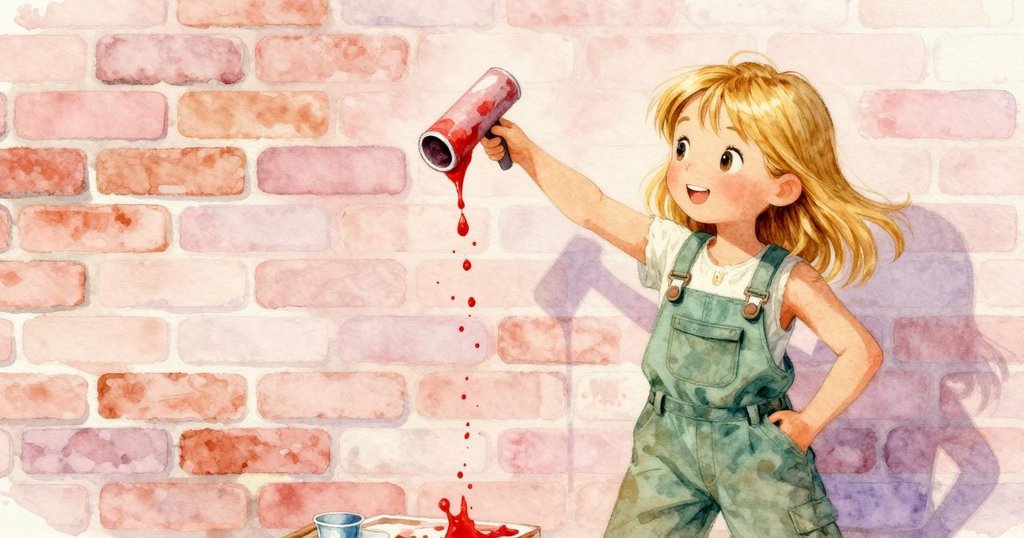 Harriet用滾筒塗上紅色油漆, 油漆滴閃耀陽光, 明亮生動, 場景中充滿活力與專注