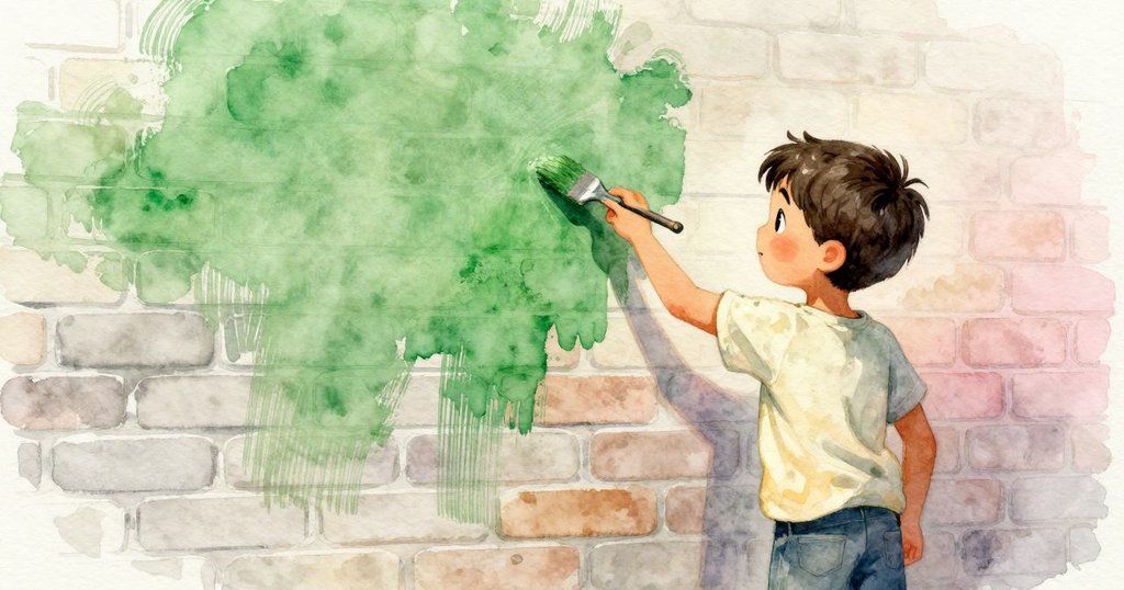 Xavier站在牆邊用大刷細心修正塗層, 顯現混合顏色與光影變化, 表情專注平靜