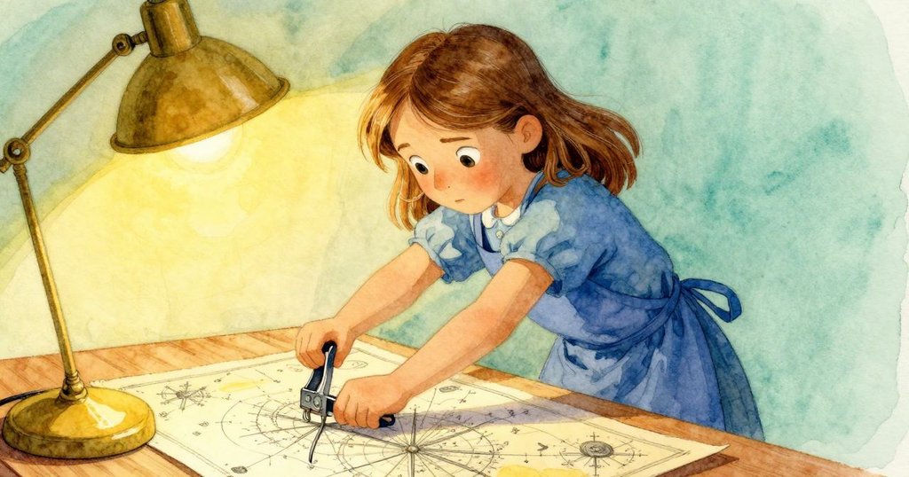 Tess在室內工作桌前調整夾子, 修理玩具青蛙, 與褪色航海圖映襯下, 表情專注且充滿決心