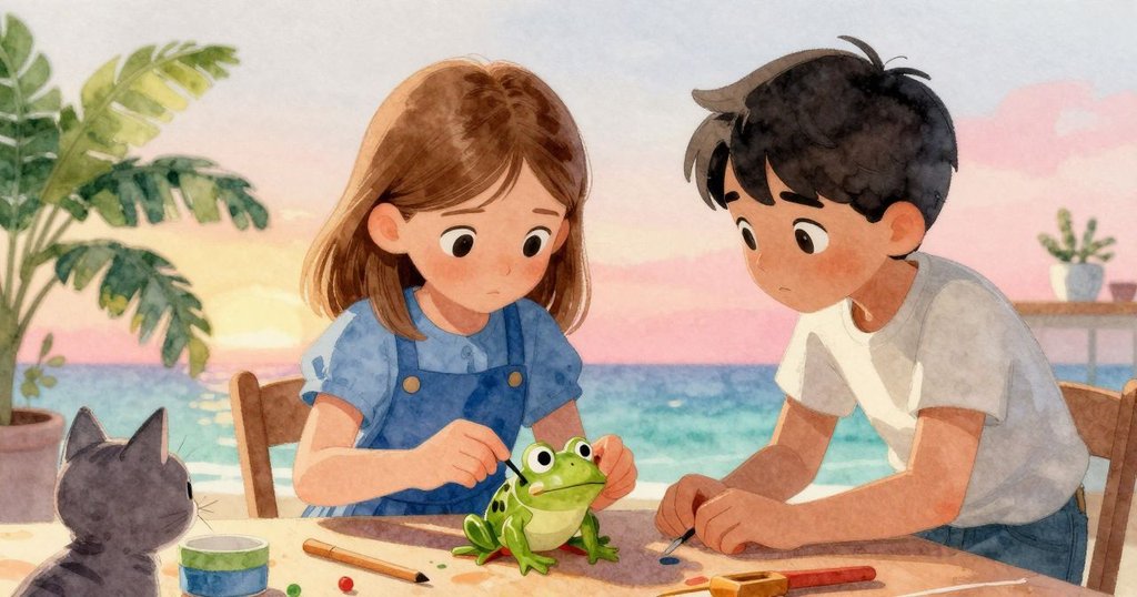 從小貓視角看Tess與Heath修理玩具青蛙, 桌上擺滿工具及航海圖, 氣氛溫暖且充滿好奇