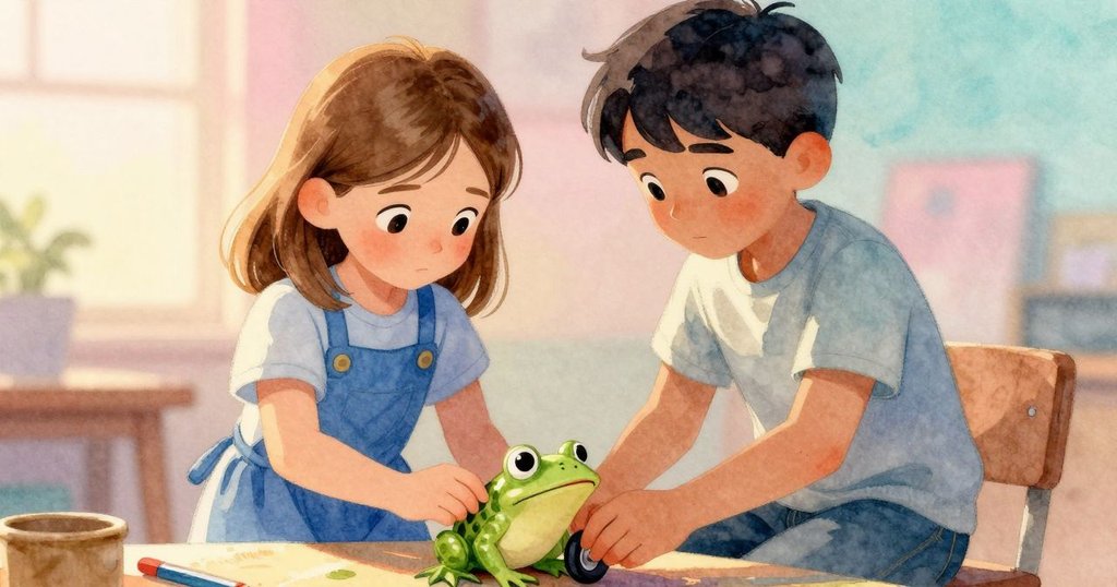 在柔和黃昏光線中, Tess與Heath協力修復玩具青蛙, 與桌上航海圖、工具映襯下, 氣氛寧靜轉換