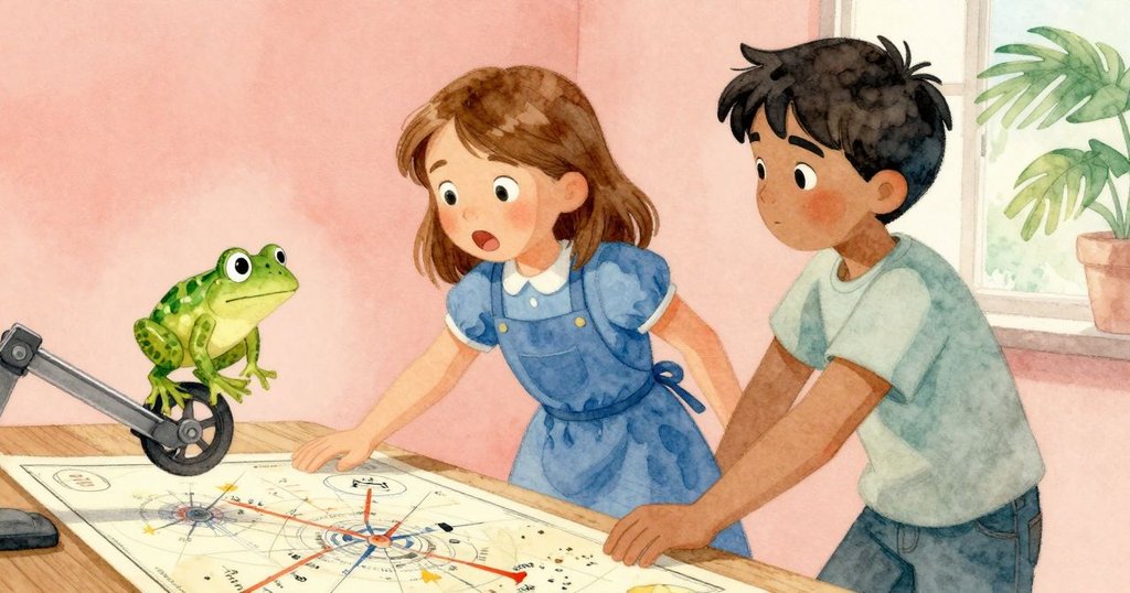 玩具青蛙突然彈跳, 輪子猛烈撞擊航海圖邊緣, Tess驚愕與堅定並存, Heath穩定桌面, 場景緊張