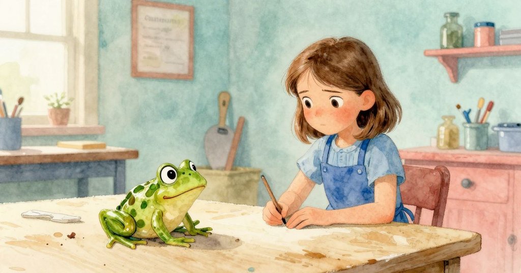 Tess站在修復完好的玩具青蛙旁, 工作室充滿溫暖寧靜的氛圍, 表情放鬆中透露著對未來的期待