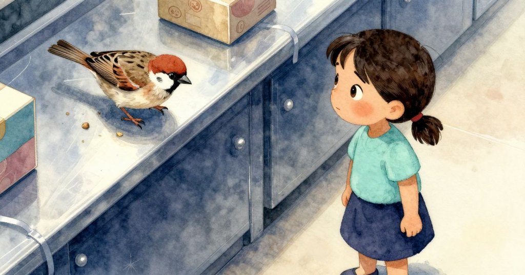 故事開始，從高空俯瞰不鏽鋼櫃台上有飄帶、紙箱及採食麻雀，溫暖光線映照現場，展現初步情節。