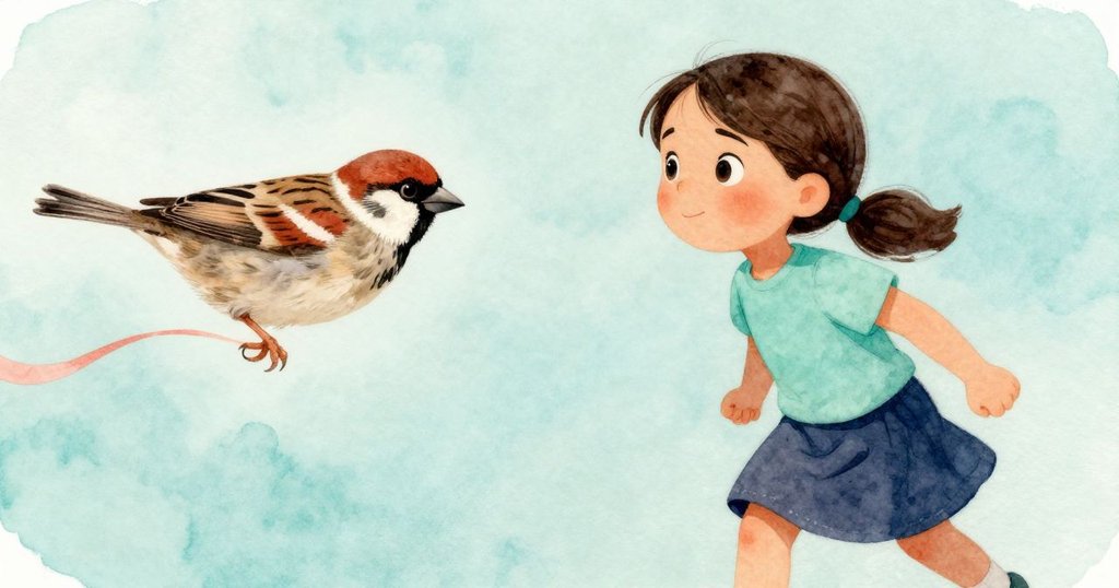 從麻雀視角看，櫃台上散落的碎屑與飄帶組成微觀世界，麻雀好奇凝視著懸垂的飄帶，展現場景詳細情感。