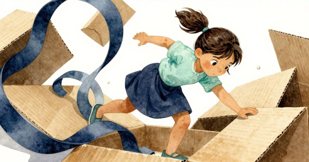 場景變得超現實，紙箱與纏繞飄帶呈現錯綜幾何結構，Ruby專注調整細節，挑戰現實與夢幻交錯的空間。