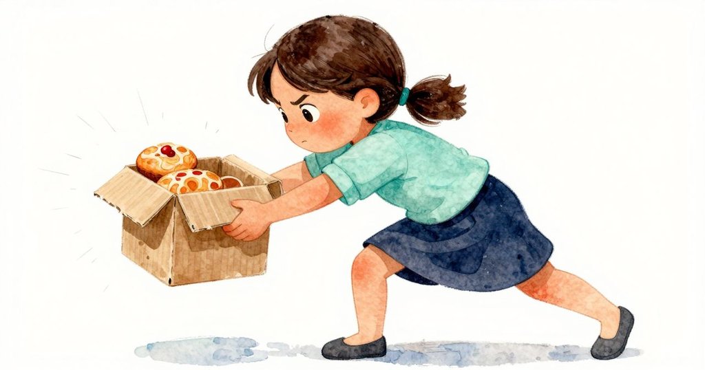 Ruby努力調整不穩定的紙箱，表情專注，手指用力拉扯，展現內心掙扎與挑戰，溫暖光影襯托現場。