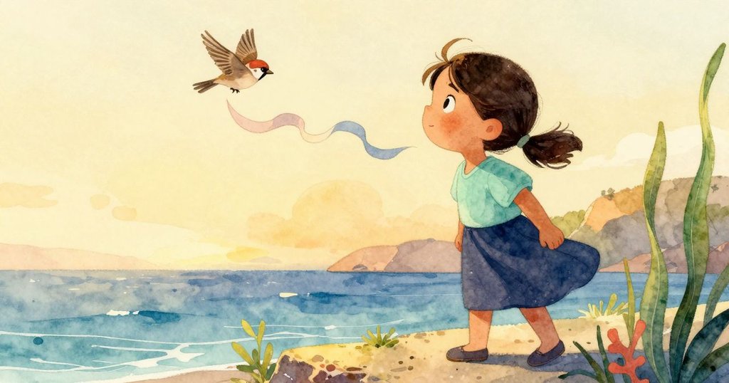 夕陽下，麻雀揚起飄帶飛翔，Ruby靜觀遠去，臉上流露出輕鬆與驚喜，展現故事溫馨平靜的結局。