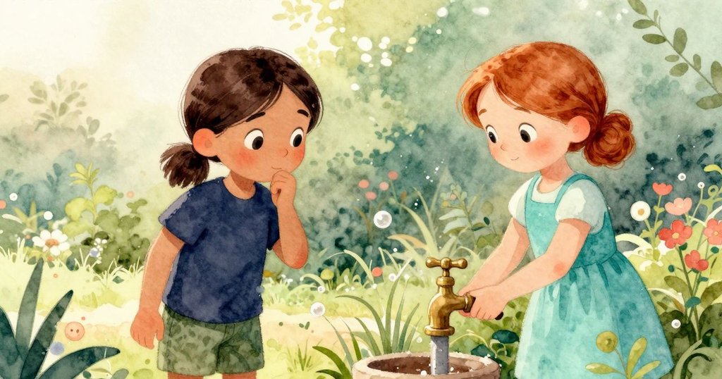 Paloma和Esme在溫暖的花園開始澆水，Paloma輕觸冰涼水龍頭，背景有碎石路面，表情平靜而充滿期待