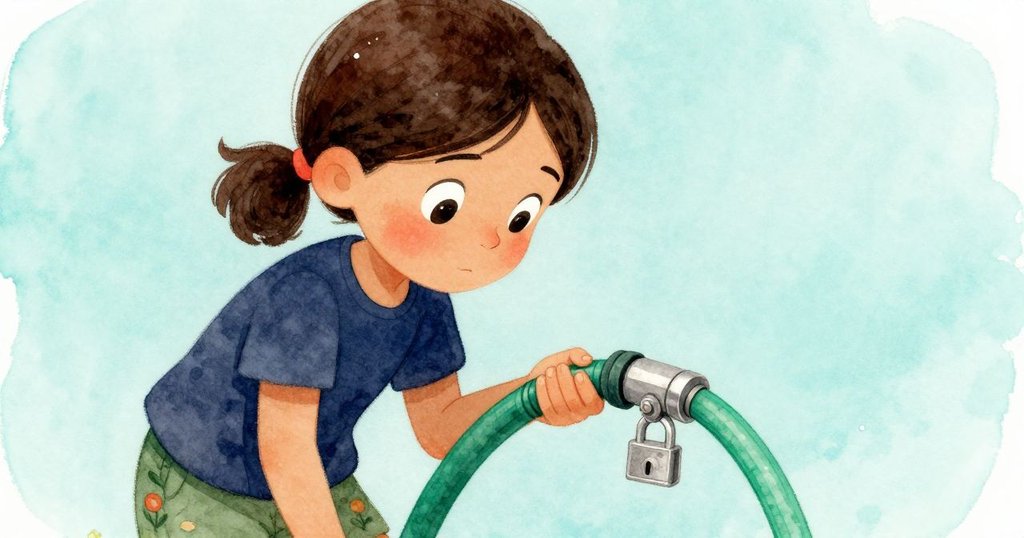 Paloma仔細檢查軟管與塑料鎖，她的手指沿著綠色管線移動，環境朦朧中透露出花園的溫柔光影