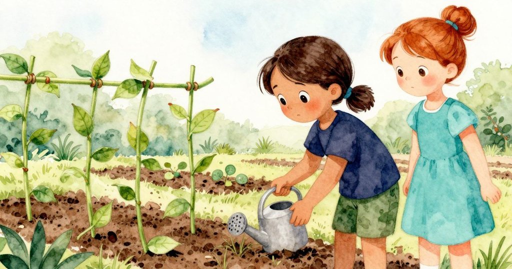 Esme裝滿澆水罐，Paloma調整噴嘴對準花床，展現生機勃勃的花園景色及戶外豐富的自然細節