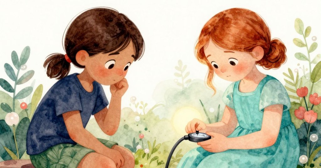 Paloma與Esme凝視並調整軟管定時器，專注與緊張的情緒流露，花園背景柔和中體現團隊默契