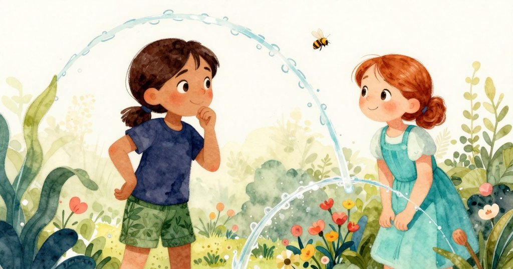 當水壓回歸零點，水流柔和拋出清澈弧線灑落花園，蜂兒飛過，Paloma與Esme滿臉欣慰，共享任務成功的喜悅