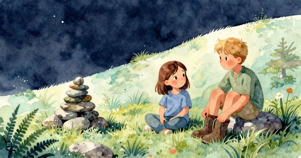 在晨曦微光中，Fern蹲守在五塊石塔旁，Joel在平整石面上綁鞋帶，展現專注與期待的情緒。