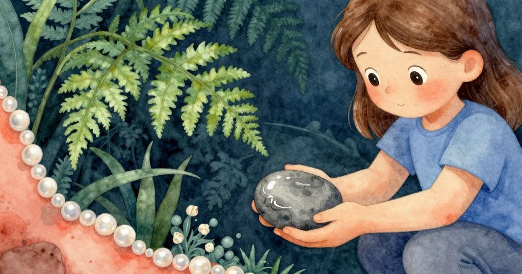 Fern輕輕提起路旁灰色圓盤，濕潤手指觸及石表面細膩質感，彰顯探索與好奇心。