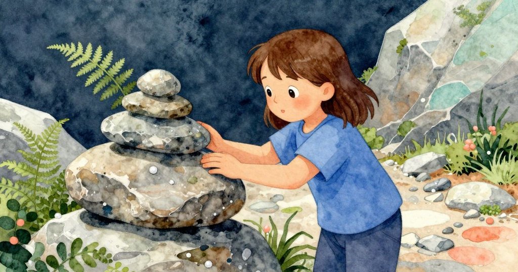 從Fern視角中，她的小手正細緻地將灰色石盤對齊堆疊的石塔，感受冰涼觸感與專注瞬間。