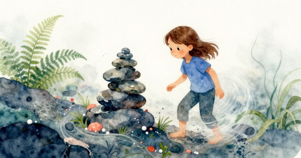 微風導致石塔輕微崩塌，塵埃旋轉如霧，Fern凝視著這奇幻瞬間，心中充滿沉思與驚奇。