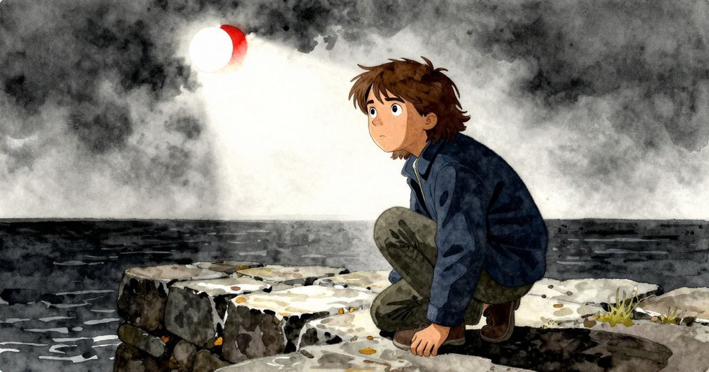 瑞斯蹲在潮濕石碼頭旁，觸摸粗糙的花崗岩，海鷗在旁邊警覺地觀察，情緒充滿好奇與專注