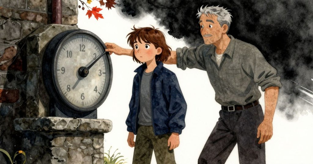 碼秤指針在秋風吹動下搖擺，細節凸顯自然挑戰，場景背景含有潮濕石材與深邃陰影