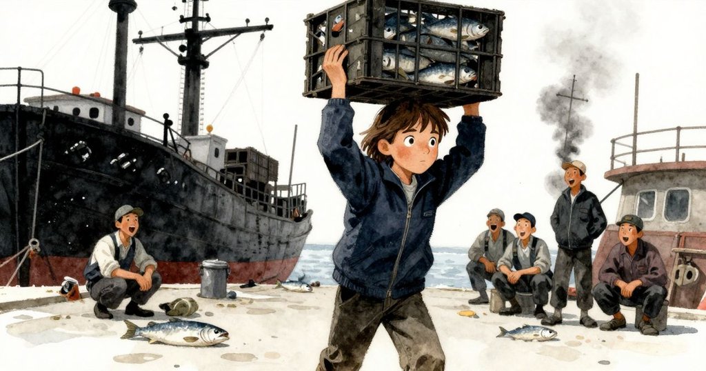 瑞斯用肩膀護住魚箱，同時兩名甲板工在遠處笑鬧，場景表現出緊張與輕鬆的對比，充滿海港風情