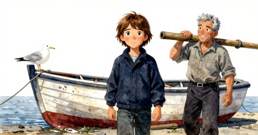 小船在拉緊的繩子下劇烈搖晃，海鷗輕點繩索，現場充滿動感與緊張氣氛，展示海港轉折時刻