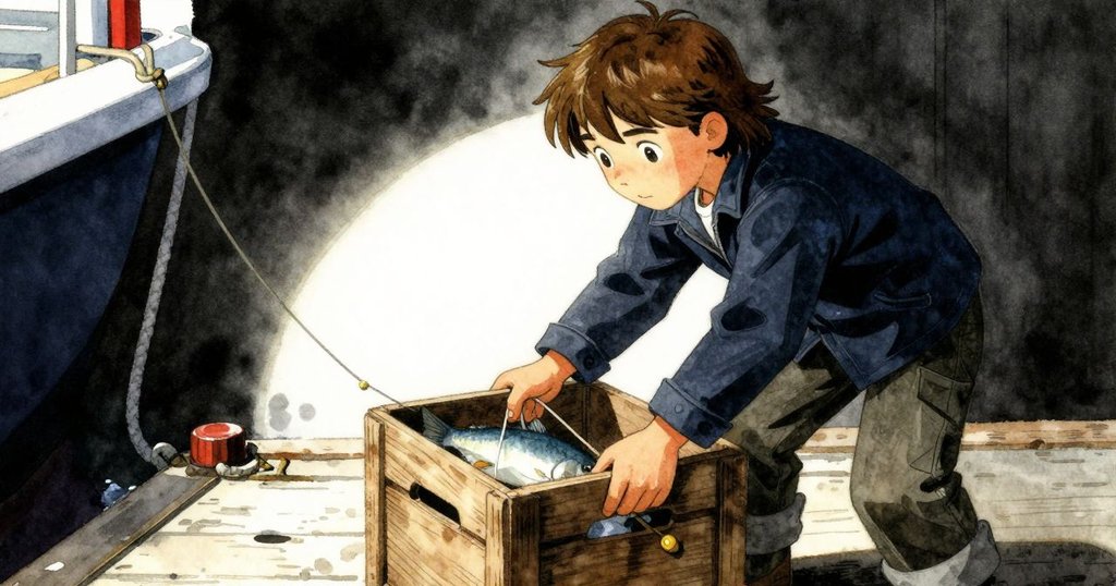 瑞斯迅速調整魚箱角度，魚在滑落中顯出急迫感，他的臉上透露出專注與果斷，場景充滿緊張動感