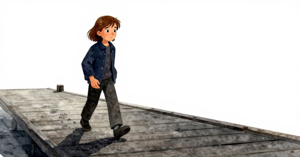 瑞斯向記錄板走去，目光凝視逐漸消失的動物足跡，場景由緊張走向沉思，海碼頭寧靜且充滿後續思索