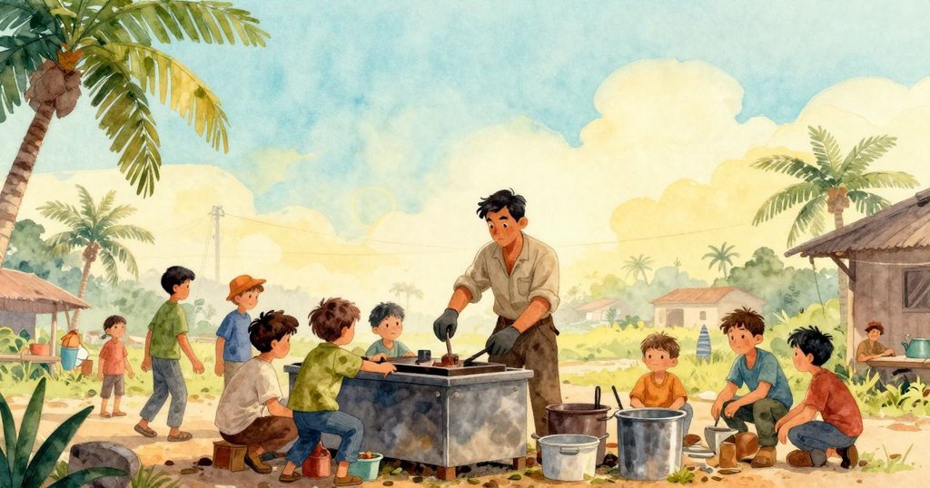 戴爾和同事們在清晨聚集於熏煙工作站，戴爾正專心操作設備，背景充滿忙碌與晨光