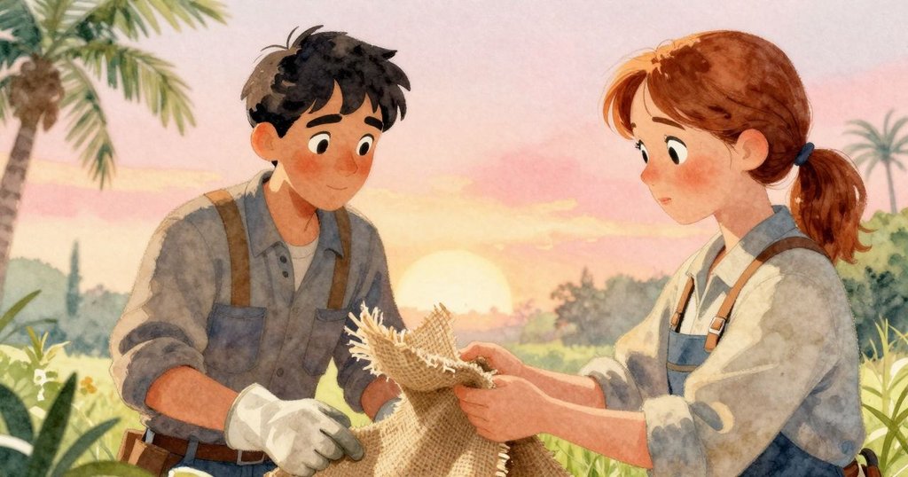 從戴爾背後看見瑪格向他遞送麻布片，背景晨光柔和，兩人充滿專注與協作感