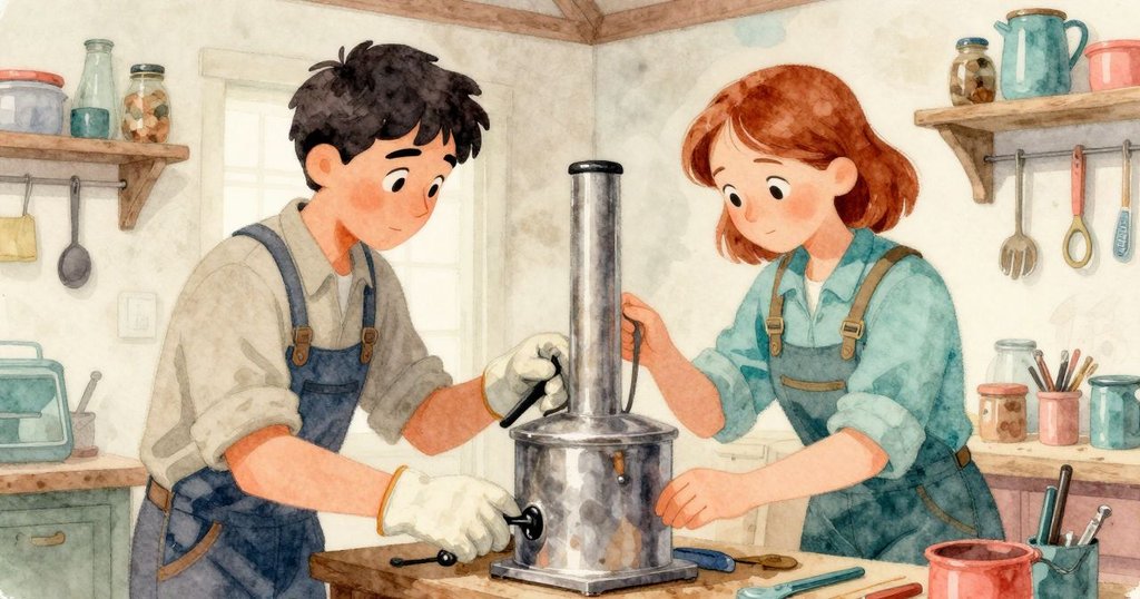 在溫暖的工作室內，戴爾與瑪格並肩調整熏煙器，周圍擺放整齊工具，燈光柔和