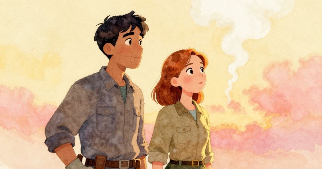 戴爾與瑪格並肩觀察穩定上升的煙柱，臉上流露驚喜與釋然，背景充滿柔和晨光