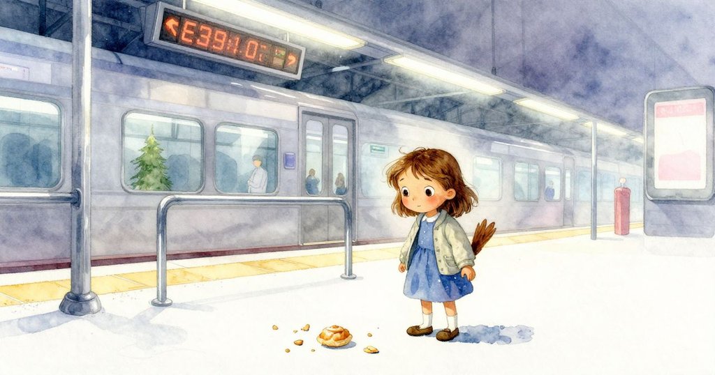 在平台上，Wren散落餅乾屑，握著磨損欄杆，背景有發光的出發顯示，場景充滿溫暖都市氣息