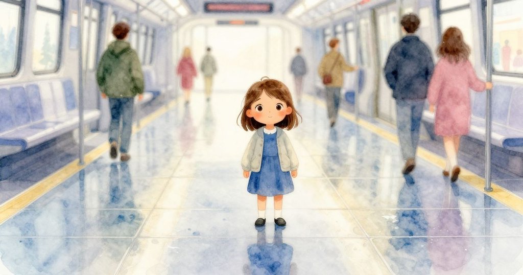 平台上光亮的瓷磚反射出行人步伐，背景黃線明顯，城市生活氣息濃厚，反映出動靜交融的畫面