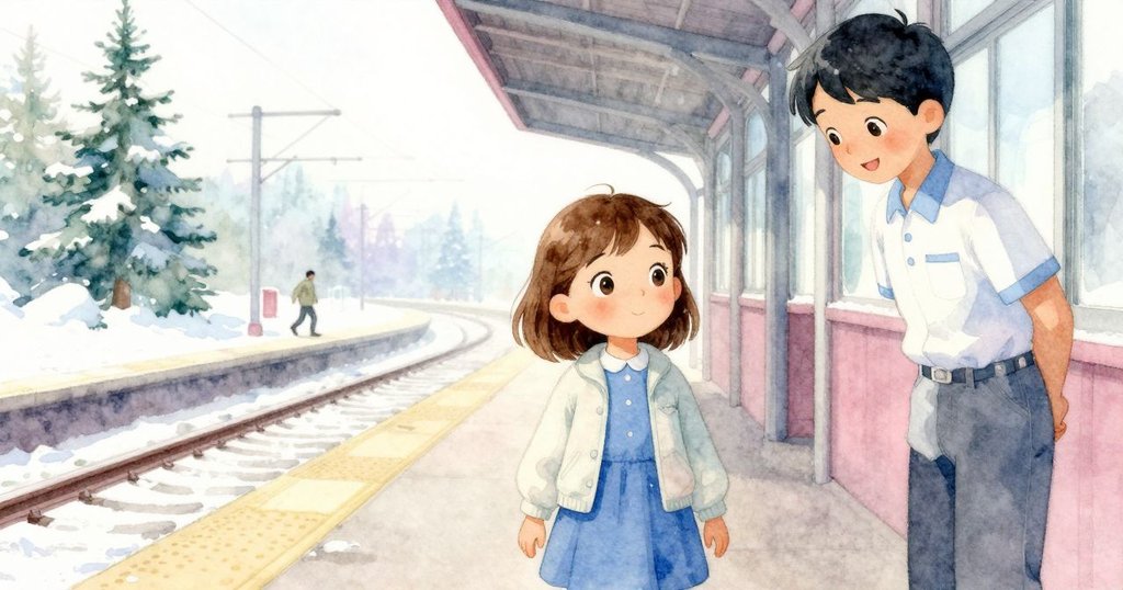 記憶色調中Wren緊握欄杆，遠處有站務清潔人員和Palmer，溫柔光影交錯，喚起熟悉場景