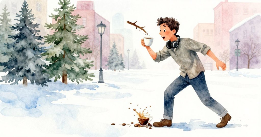 Palmer驚訝地注視著掉入咖啡杯的細枝，咖啡濺起水花，背景平臺與綠意相映，情緒明顯