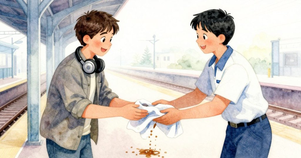 站務清潔員溫柔處理咖啡灑落，Palmer側目接受關懷，室外月台上暖光流動，場景達到和解