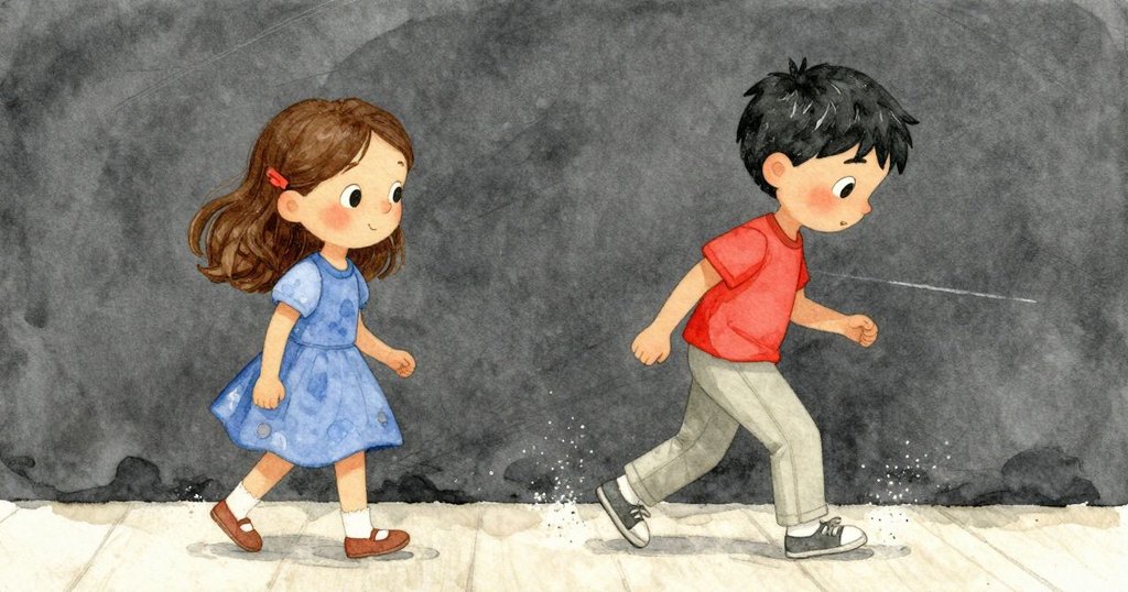 Ursa與Max緩步走近粉筆線，足跡輕壓塵埃，陽光柔和照亮測量現場，展現細膩協作過程