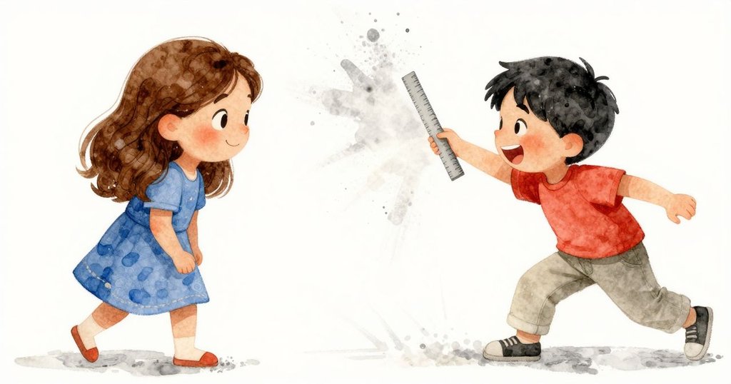 Max因量角器滑脫大笑，木尺輕觸石板瞬間釋放粉筆雲，場景充滿突然活力和明亮陽光