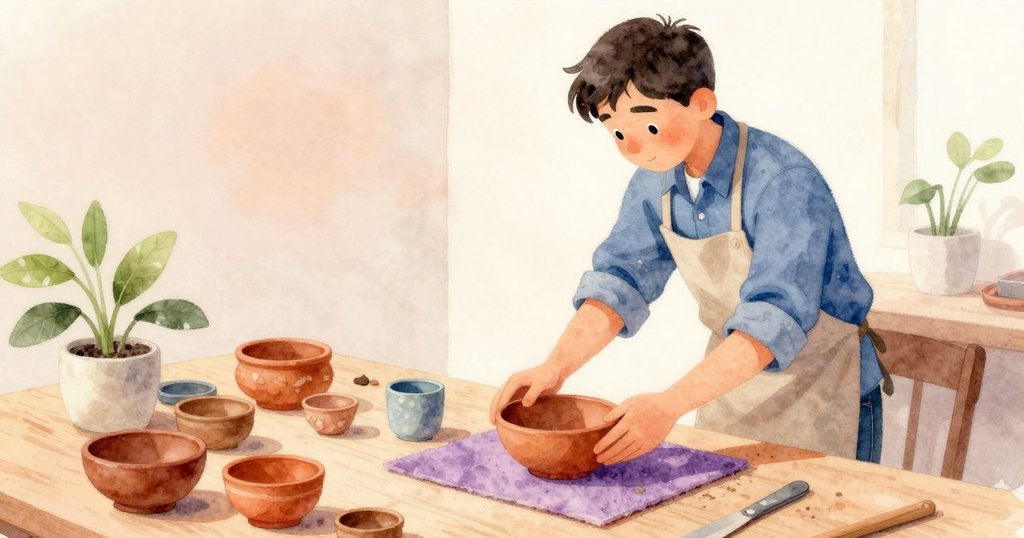 拉爾斯在工作台上擺放陶器,溫暖的碗與涼爽的杯子並列,細節豐富展現專注調整
