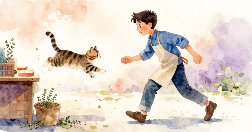 工作坊內虎斑貓猛然跳向包裝區,灑落的百里香點綴空間,動感十足展現活潑場景