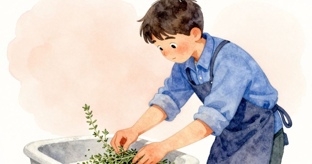 拉爾斯彎腰撿拾灑落的百里香,神情專注略帶擔心,近距離展現手部細節與室內溫暖背景