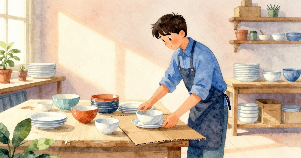 拉爾斯在工作坊內用紙板隔開微移的陶器,全景展現整潔和諧的工作空間,動作穩重呈現解決後的寧靜