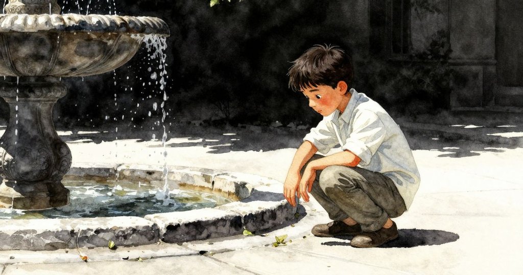 懷亞特蹲在噴泉旁缺失石板前,用手指輕觸石圈,畫面傾斜,營造神秘而溫暖的戶外氛圍