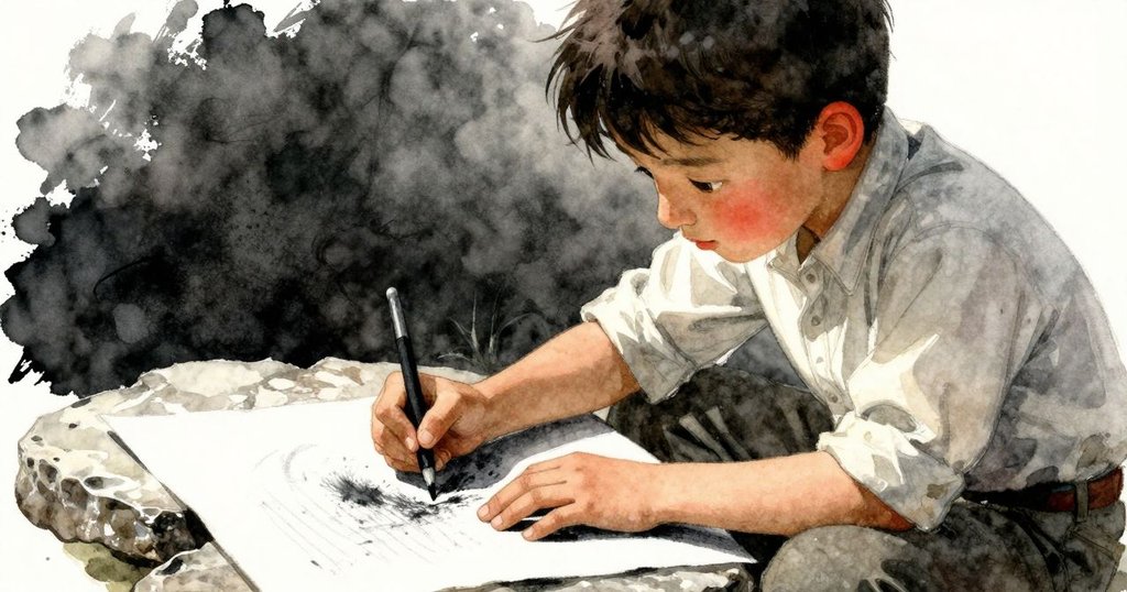 懷亞特正用手在石板上鋪放的紙上塗抹樹炭,紙面細節清晰,象徵創作過程中短暫而美麗的瞬間